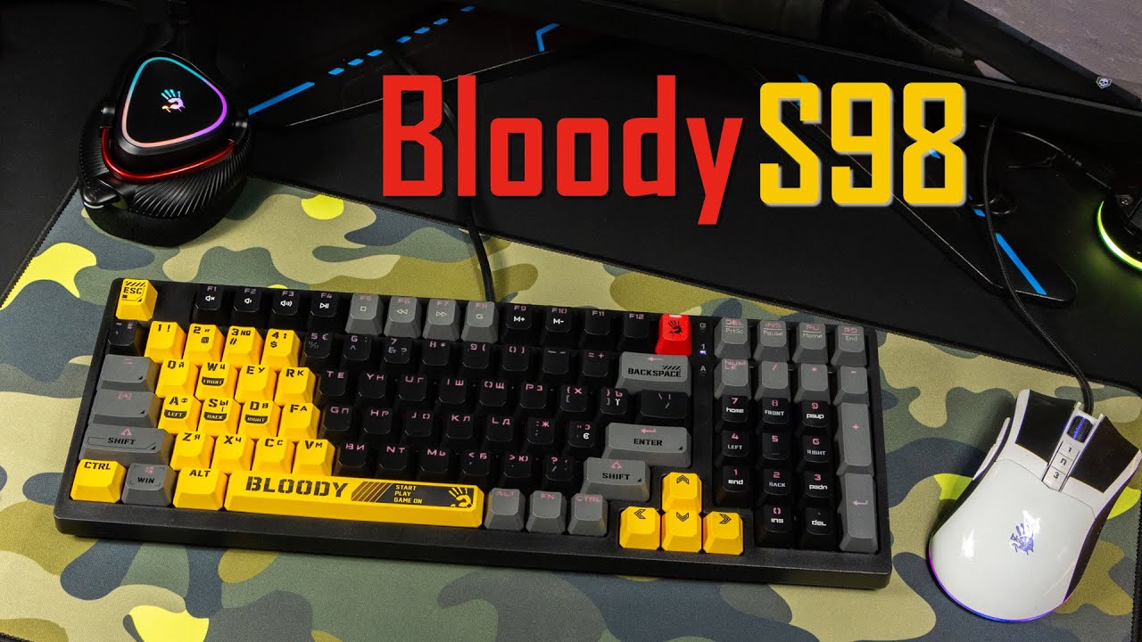 Механічна клавіатура A4Tech Bloody S98, червоні світчі, RGB підсвічування клавіш, USB, чорно-жовтий