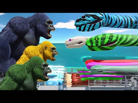 Kingkong Bridge Challenge: Giant Snake Team vs King Kong | Animal Revolt Battle Simulator