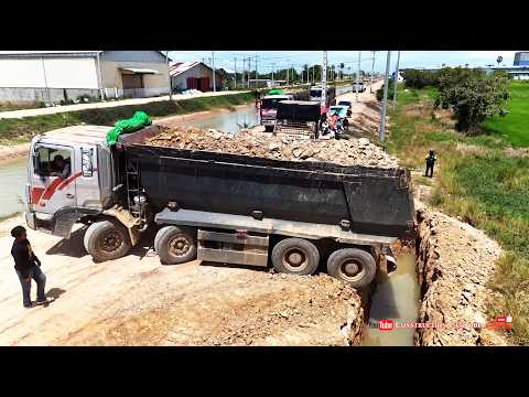 Wow Landfill Into Flood Land Operation! Skilled Dozer Spreading Dirt with Heavy Dump Trucks Working
