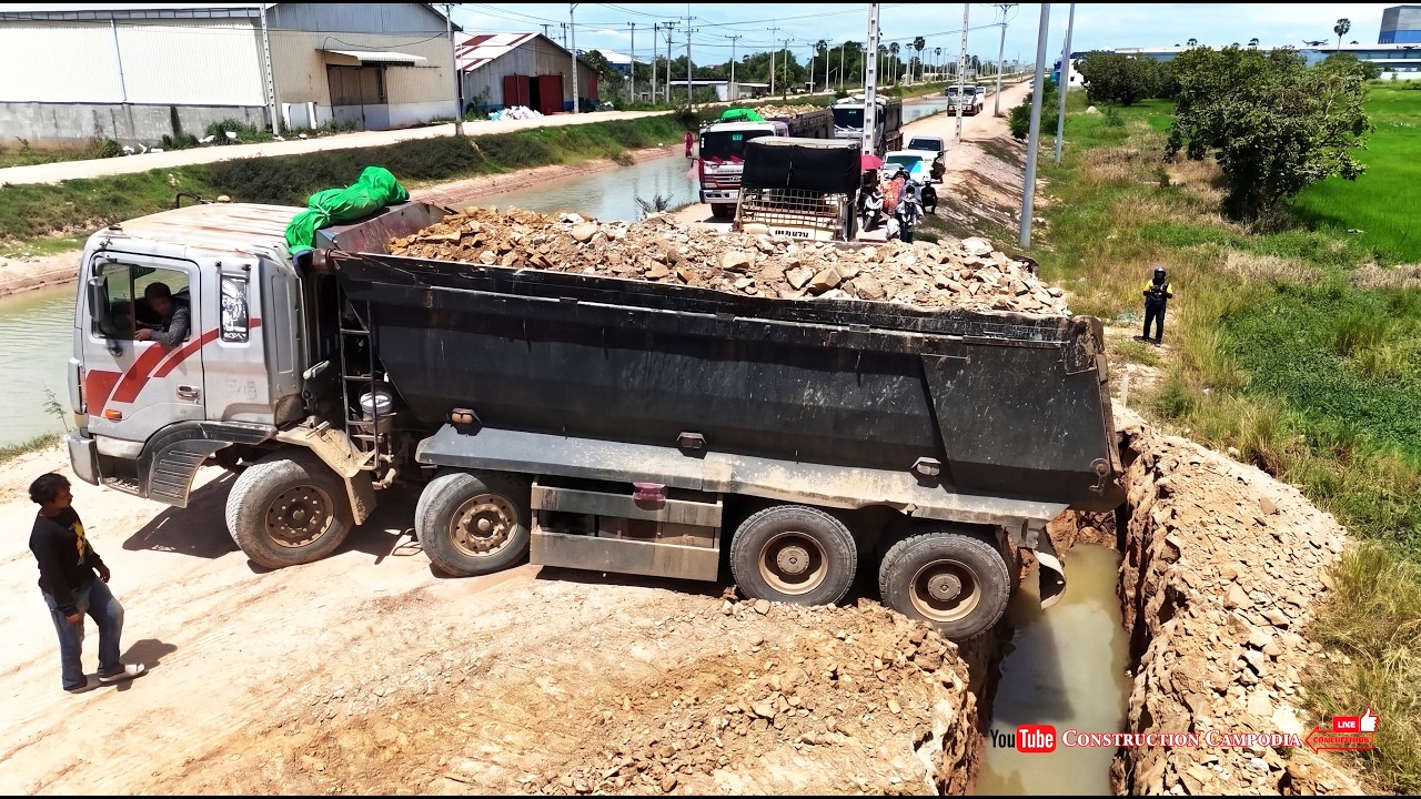 Wow Landfill Into Flood Land Operation! Skilled Dozer Spreading Dirt with Heavy Dump Trucks Working