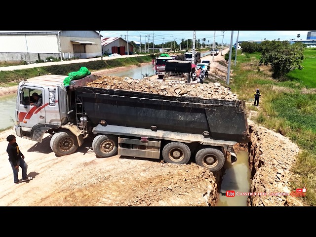 Wow Landfill Into Flood Land Operation! Skilled Dozer Spreading Dirt with Heavy Dump Trucks Working SDDEFAULT Thumbnail