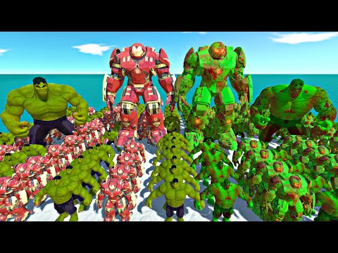 Hulkbuster Team + Hulk Team vs Green Zombie Itself - Animal Revolt Battle Simulator