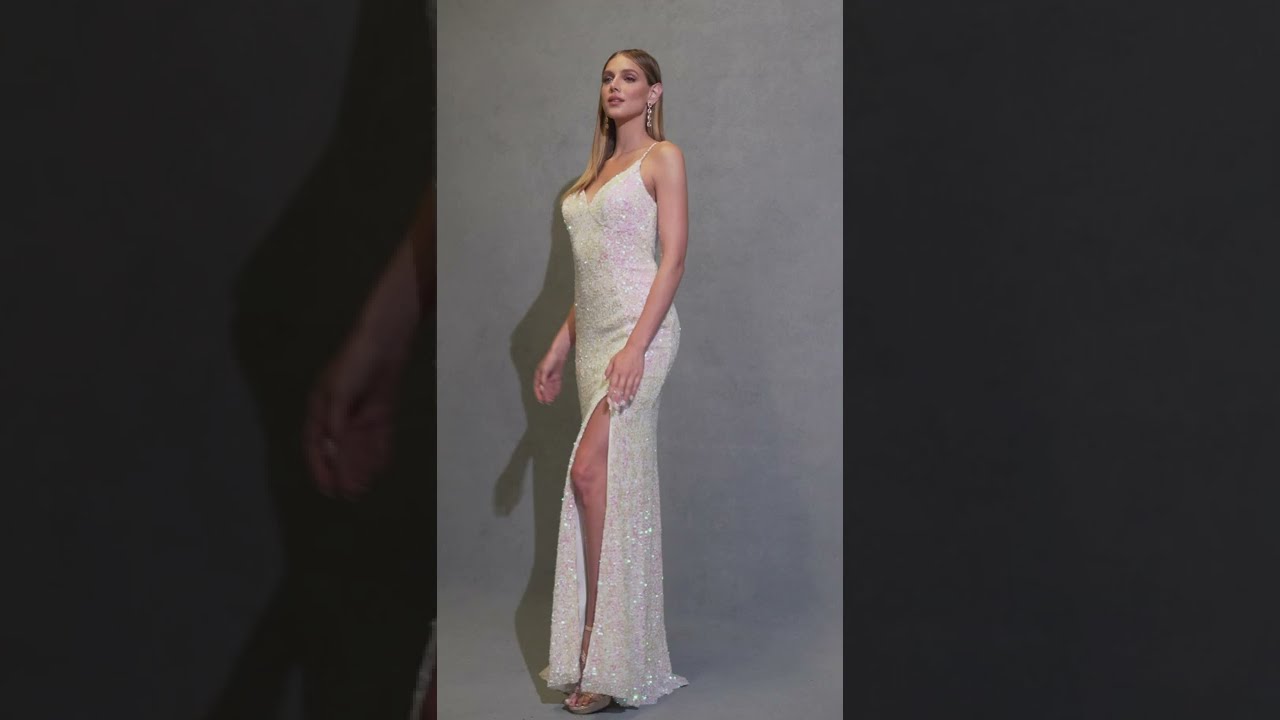 Fitted Sequin Lace Up Back Gown by Juliet 254 Pearl