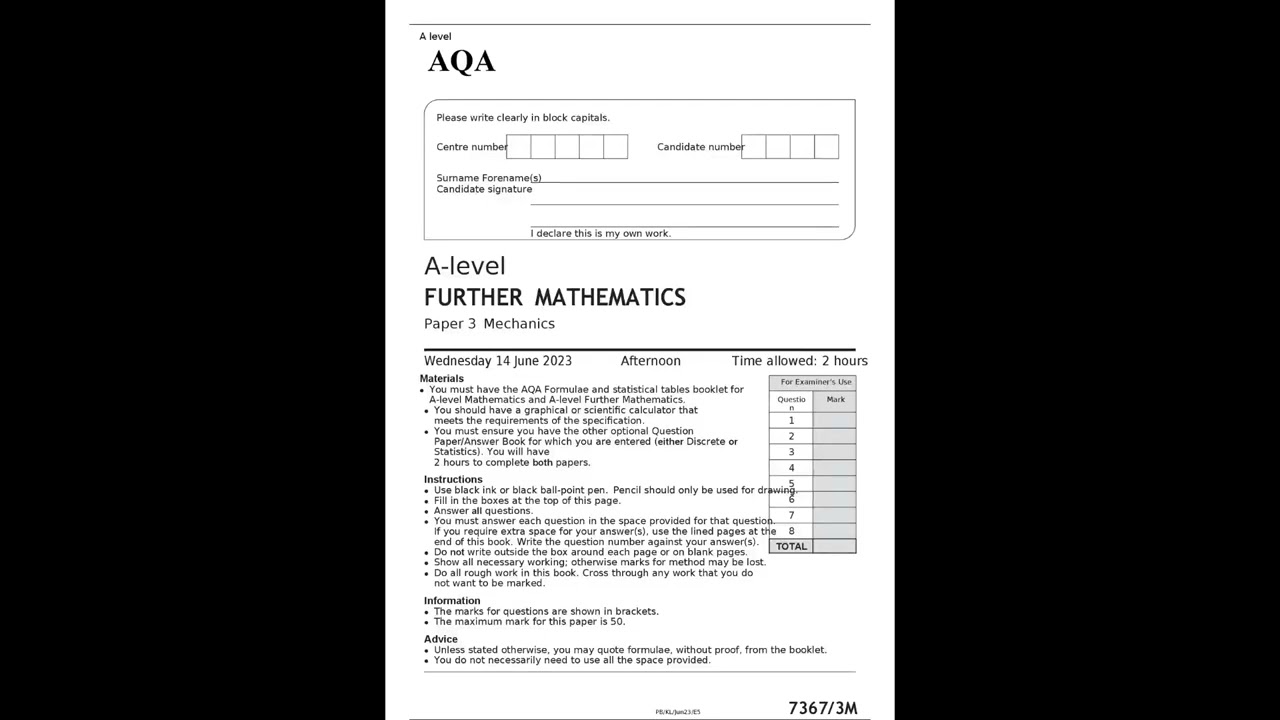 AQA A level FURTHER MATHEMATICS Paper 3 JUNE 2023 QUESTION PAPER; Mechanics