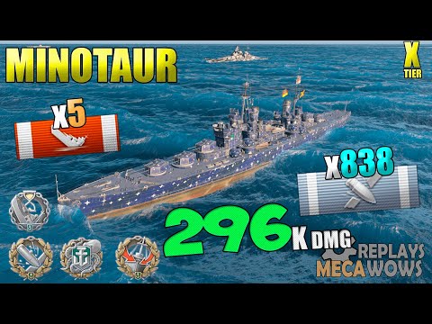Minotaur 296K Damage 838 Shots, Kraken | World of Warships