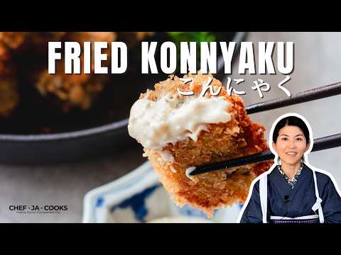 Part of a video titled Crunchy Fried Konnyaku | Easy Konjac Recipe - YouTube