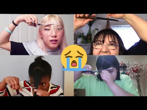 people cutting their own bangs and regret it for 12 minutes straight