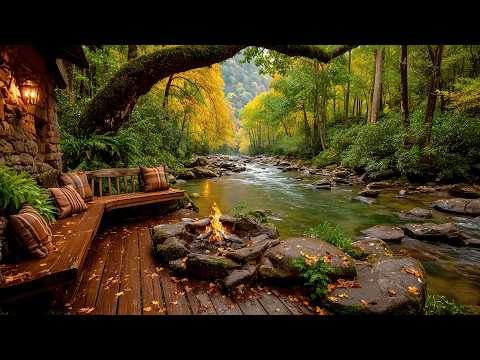 Soothing Spring Riverside Porch Ambience with Campfire & Forest Sounds