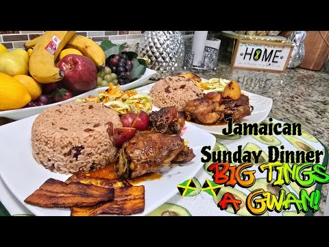 HOW TO COOK JAMAICAN AUTHENTIC BROWN STEW CHICKEN RICE & PEAS FRESH VEGETABLES😋AND FRIED PLANTAIN