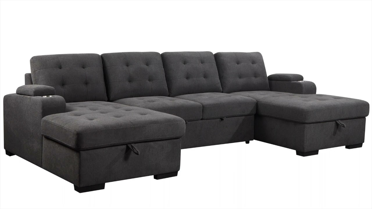Urban Cali Lancaster U Shaped Sleeper Sectional Sofa Bed with Storage Chaises in Belfast Charcoal