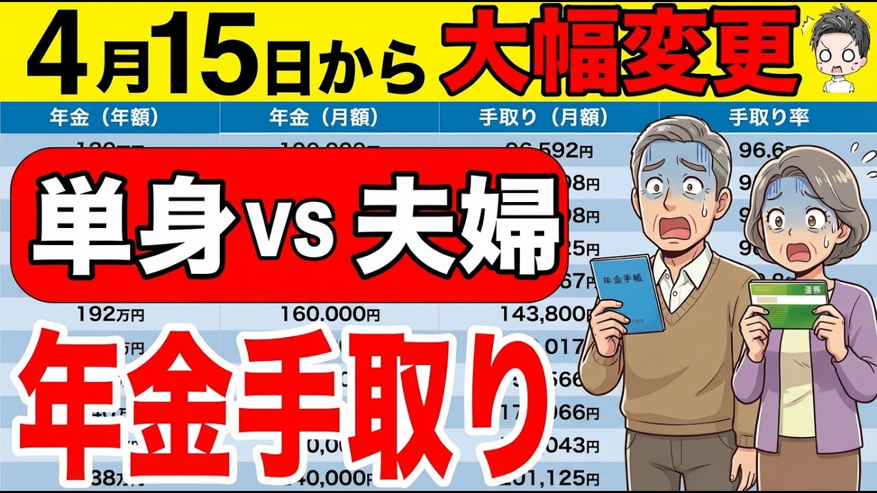 【2026年】4月からの年金手取り額早見表と手取り率！単身と夫婦ではどっちがお得？【年金改正/国民年金】