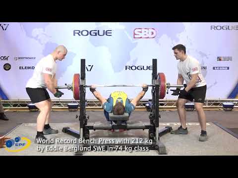 World Record Bench Press with 212 kg by Eddie Berglund FRA in 74 kg class