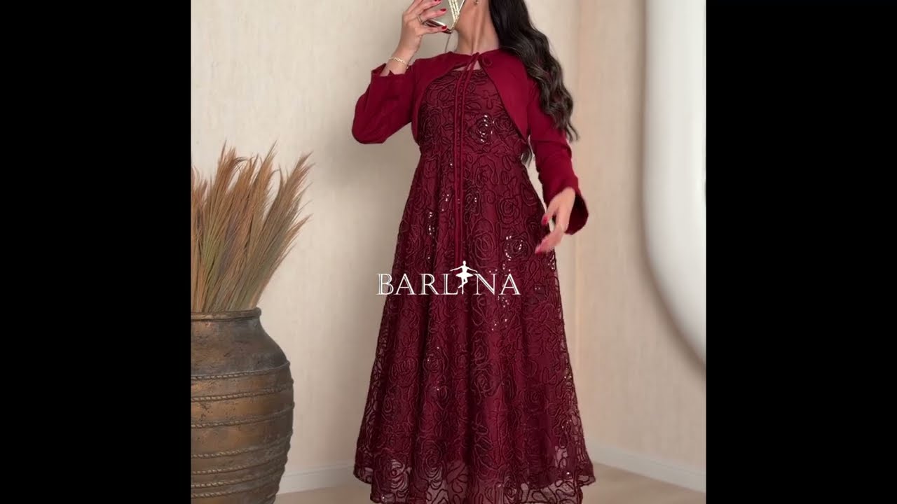 Burgundy embroidered dress with long-sleeved jacket - XXL