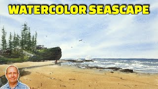 Wispy clouds and realistic waves and sand. Painting clouds with watercolors tutorial