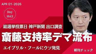 斎藤知事支持率出口調査神戸新聞記事を探す　Ｓ信の嘘に騙されるな　エイプリルフールの夕刊チェック