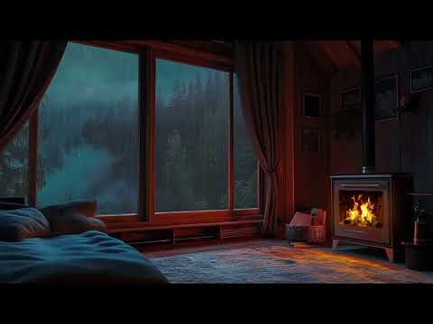 Nighttime Thunderstorm Haven - Fireside Comfort with Rain, Fireplace and Sleeping Cat