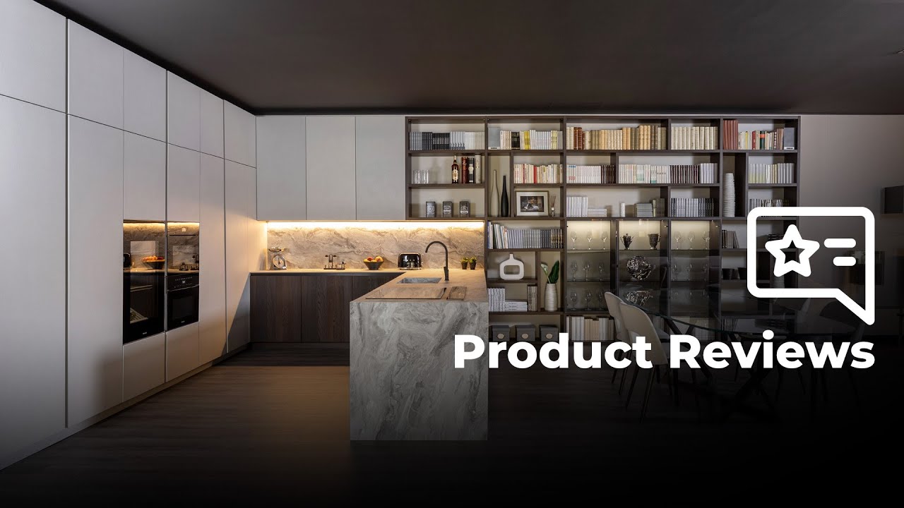 Cucina a ferro di cavallo con rivestimento effetto marmo KLab 01