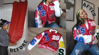DIY VARSITY JACKET OUT OF CURTAINS | RECREATING CELEB LOOKS FOR LESS | CLOTHING TRANSFORMATION VIDEO