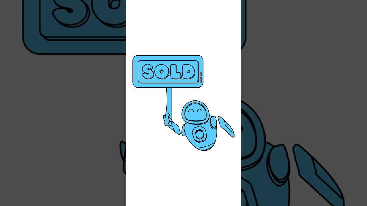 Cute blue robot holding sold sign vector illustration