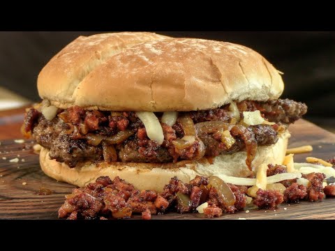 Cheese-Stuffed Smash Burger with Chorizo and Linguisa Topping