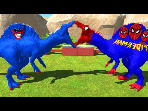 HUGGY SPINOSAUR vs SPIDERMAN SPINO vs DARK BATMAN T-REX DEATH RUN - Animal Revolt Battle Simulator