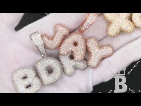 Custom Hip Hop Name Pendant | Simulated Diamond Bubble Initial Letter Jewelry Rose, White, Yellow