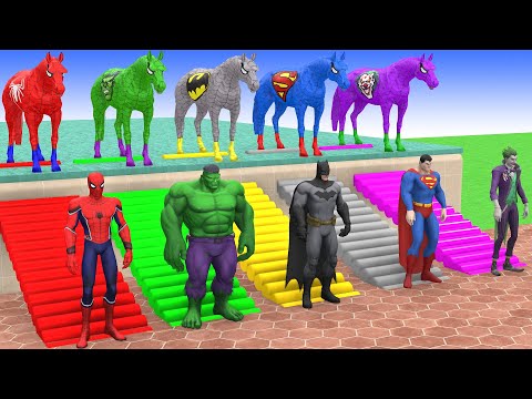 RED HORSE SPIDERMAN CROSSING FOUNTAIN ON RAINBOW SPIDERS BRIDGE AGAINST SHARKS RESCUE ANIMALS GAME