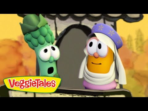 Two VeggieTales characters at a doorway: a green broccoli with wide eyes and a surprised look beside an orange veggie wearing a white headscarf and purple hat, with the VeggieTales logo in the corner.