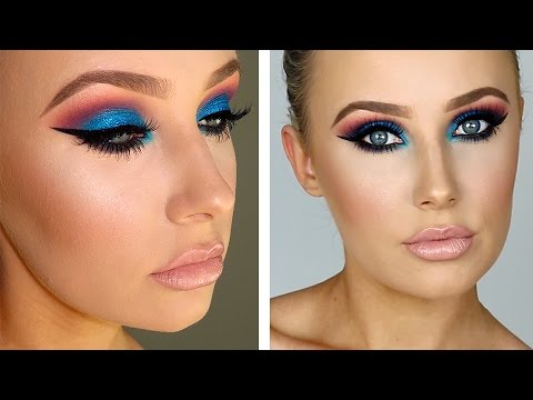 FULL GLAM Sparkly Blue Pink Eyes Flawless Skin | Lauren Curtis