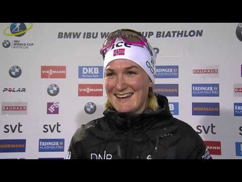 Marte Olsbu Roeiseland on the victory of her team in Ostersund 2019