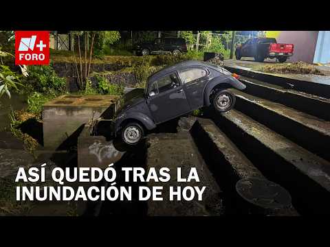 Corriente arrastra un vocho en San Gregorio Atlapulco en Xochimilco, CDMX