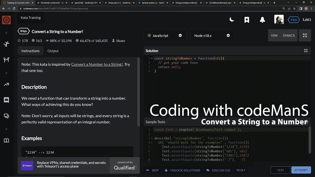 Codewars 8 kyu Convert a String to a Number! Javascript