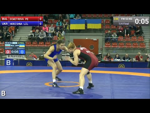 Quarterfinal FW - 53 kg: Lilya HORISHNA (UKR) df. Pepa DIMITROVA (BUL) by FALL, 4-0