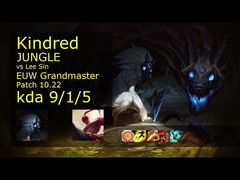 Kindred Jungle vs Lee Sin - EUW Grandmaster 9/1/5 Patch 10.22 Gameplay