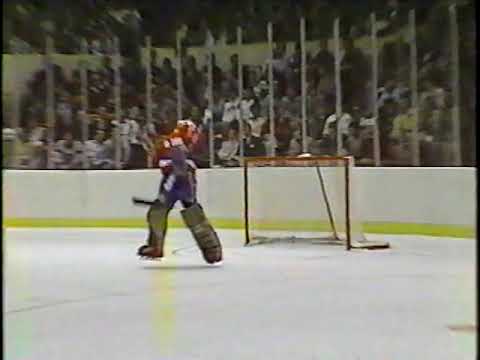 Washington Capitals vs New York Rangers (February 4, 1987) "Goalie Bob Mason Stops Puck With Face"