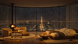 🌧️ Rainy Night Jazz in Paris | Cozy Bedroom & Fireplace Ambience for Relaxation