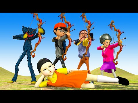 Squid Game (오징어 게임) vs Scary Teacher 3D Archery Competition, Huggy Wuggy, Nick and Hello Neighbor