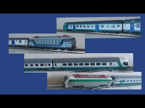 Trenitalia in HO mid2000s: Riva E402b pushing heavy InterCity; Riva E632 pushing MDVE regionale