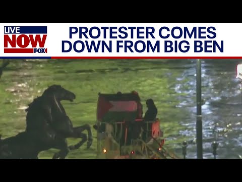 Video | Man holding Palestinian flag brought down after nearly 17 hours up Big Ben | LiveNOW from FOX