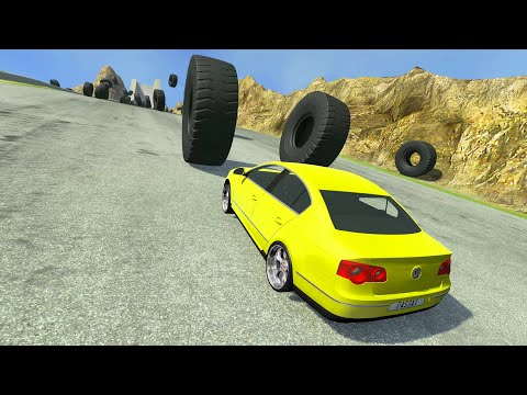 Giant Tires against Cars Freaky Jumps - BeamNG.Drive