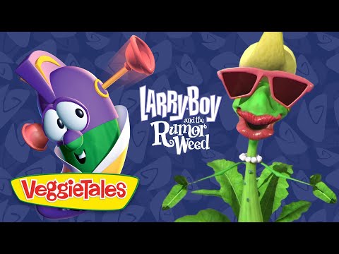 Promo image for VeggieTales: LarryBoy and the Rumor Weed, with LarryBoy on the left and a sunglasses-wearing weed on the right.