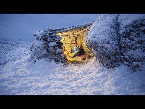 Trapped in a Snowstorm ❄️ Building a Stone Shelter to Survive the Night | building a cave last long