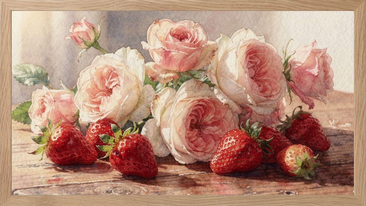 Strawberries & Roses Watercolor 🍓🌸 Romantic Still Life Wood Frame | 4K Frame TV Art 2 Hours — 4K ambient art screensaver in baroque gold frame