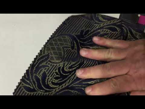 Stylized Leaves with Stripes in Navy Blue and Yellow | Upholstery Fabric | 62 W