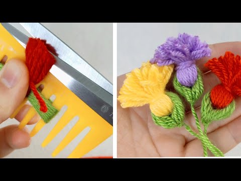 Superb Woolen Flower Making Trick Using Hair Comb - Hand Embroidery Amazing Flower - Sewing Hack
