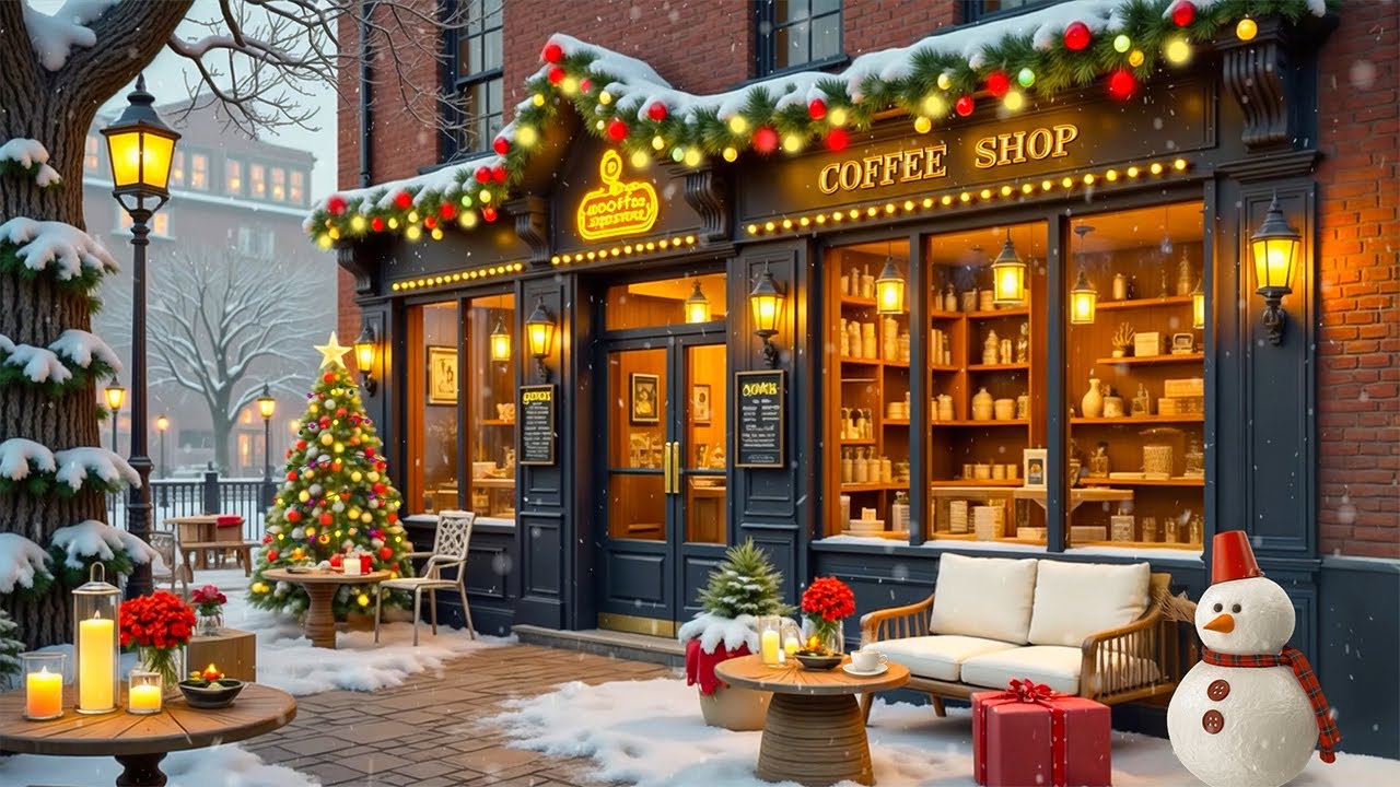 Morning Christmas Coffee Shop Ambience 🎄 Relaxing Christmas Jazz Music & Snowing Ambience for Work