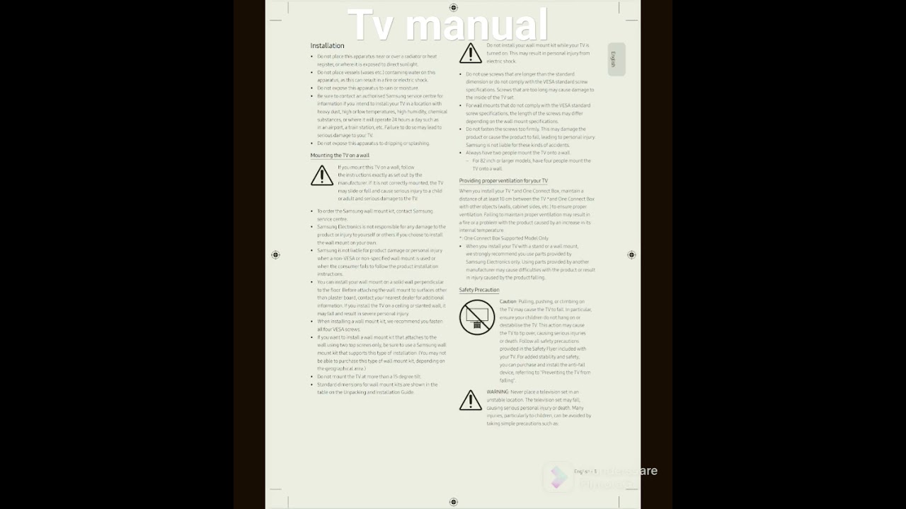 Set up details and User Manual for a Samsung 65