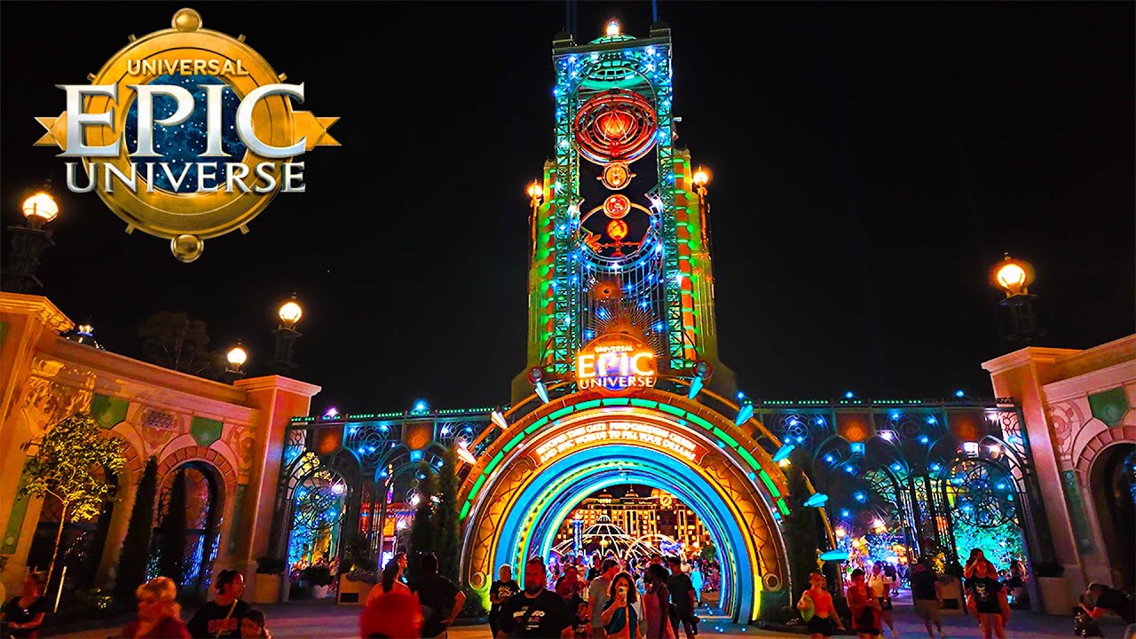 Night lights test at the Epic Universe Cronos Tower (YouTube/DocumentDisney)