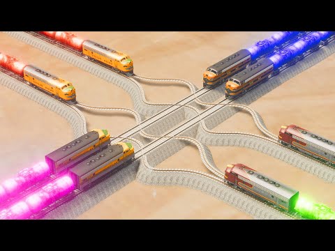 Impossible Wide Double Splitting Rail Wave Tracks Vs Trains Crossing Giant Pit - BeamNG.Drive