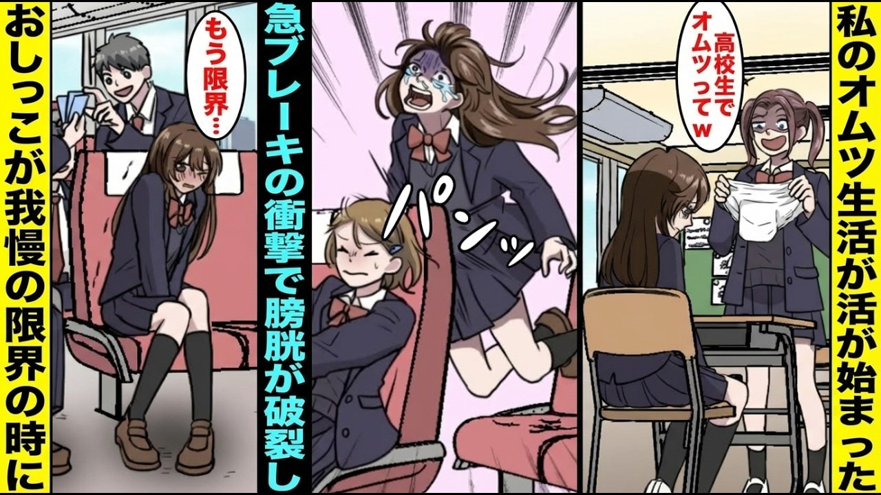 【漫画】修学旅行のバスで寝ていてトイレ休憩に行きそびれた私はトイレを我慢していたがバスが急ブレーキした衝撃でお腹から「パンッ」と破裂音が聞こえた…私の膀胱は破裂してオムツがないと生きられなくなり・・・
